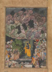 Krishna zvedne horu Govardhan, aby chránil vesničany z Braj, Folio z..., ca. 1590-95.