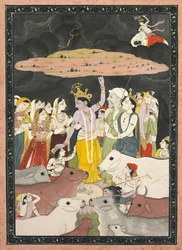 Krišna zvedá horu Govardhana, c. 1780-1790.
