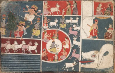 Krišna hraje na flétnu a další epizody z Bhágavata Purány, c. 1650.