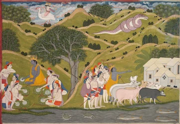 Krishna se vrací s pastevci k Brajovi z Bhagavata Purany
