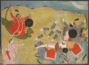 Krishna Vanquishing Vanasura: Scéna z Aniruddha Usha sekce Krishna Lila, c. 1840.