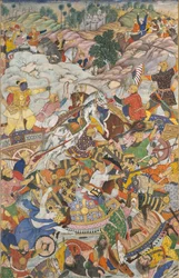 Krišna a Balarama bojující s nepřítelem, Folio z Harivamsy Legenda o Hari..., c1590-95.