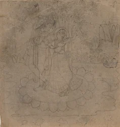 Krishna a Radha stojící na lotosu, konec 19.-začátek 20. století.