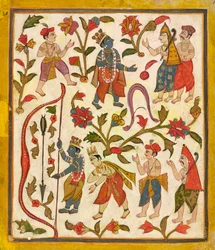 Krishna and the Bow, folio 24 z Tula Ram Bhagavata Purana, ca. 1720.