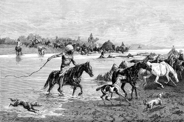 Kyrgyzové překročení řeky, Kyrgyzstán, 1895