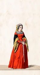 Dvorní dáma, návrh kostýmů pro Shakespearovu hru, Jindřich VIII., 19. století