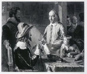 Anglický lékař William Harvey (1578-1637) montrant au roi Charles Ier Stuart d