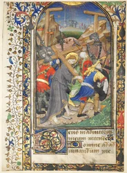List vyříznutý z hodin Tarleton: Kristus nesoucí kříž Terce, Office of the Virgin, c. 14