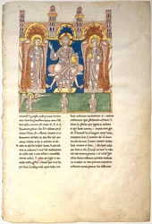 List z rukopisu Beatus: Kristus ve majestátu s anděly a andělem Božím..., ca. 1180.