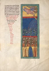 List z rukopisu Beatus: První anděl zatroubí na trubku..., ca. 1180.
