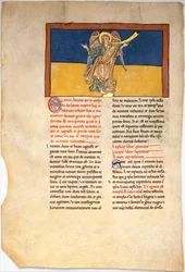 List z rukopisu Beatus: Sedmý anděl hlásá vládu Páně, ca. 1180.