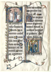 List z misálu se dvěma historickými iniciálami: Iniciála P[er omnia century saeculi]..., c. 1300