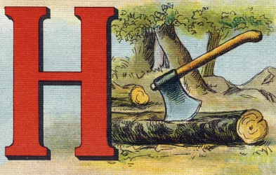Písmeno H: sekera. Rytina "Alphabet de ma petite fille". Bernardin-Bechet a Fils, knihkupci-nakladatelé, Paříž, kolem roku 1895. Nerozbitné album na plátně. Bibliotheque des Bebes. 12 stran. Album obsahující metodu čtení a názornou abecedu.