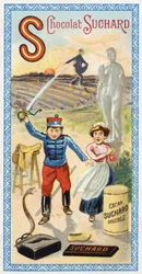 Písmeno S: slunce, setba, rozsévač, sluha, omráčení, voják, meč, sedlo, had, socha, kopyto, taška. Rytina abecedy v úpravě Chocolat Suchard, počátek 20. století. 24 chromolitografů představujících místa, postavy a předměty