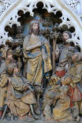 Život svatého Jana Křtitele : ""Sv. Jana Křtitele ukazující prsten Boží."" Vysoký reliéf severního konce severního chóru (1531). Katedrála v Amiens, Amiens, Francie