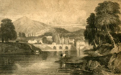 Most Llangollen, hrad Dinas Bran, na řece Dee: Severní Wales, 19. století.
