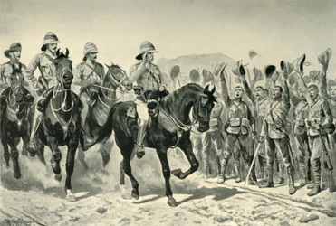 Lord Roberts povzbuzoval vojáky při jeho příjezdu na Wonder RIver, 1901.