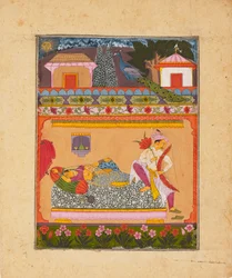 Milenci za úsvitu, ilustrující hudební režim Raga Vibhasa, c1675
