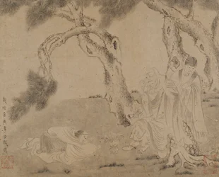 Luohan, doprovod a ctitel pod borovicemi, dynastie Yuan nebo Ming, 1279-1644.