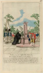 Stroj navržený panem Guillotinem Národnímu shromáždění k popravování zločinců, kolem roku 1790.
