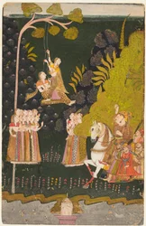 Maharaja Abhai Singh, jezdec, sledování swingujících dívek na festivalu Teej, c. 1740.