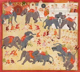Maharana Raj Singh pozoroval sloní zápas, ca. 1670-1675.