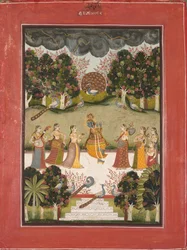 Malar Ragini: Krišna hraje na flétnu sedmi gopiím s hudebními nástroji..., c. 1760.