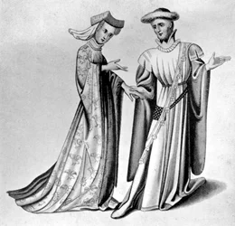 Mužské a ženské šaty, konec 14.-začátek 15. století, 1910