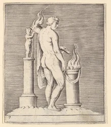 Muž s pochodní mezi planoucím oltářem a soškou, vydáno ca. 1599-1622.