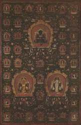 Mandal z Vajradhara, Manjushree a Shadakshari-Lokeshwar, z roku 1479.