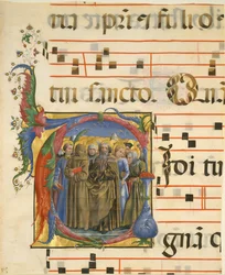 Iluminace rukopisu se Všemi svatými v iniciále V, z antifonáře, italština, 1450-60.