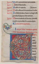 Iluminace rukopisu s iniciálou V, z Bible, ca. 1175-95.