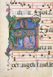 Knižní iluminace s Nanebevzetím Panny Marie v iniciále A..., italská, 1450-60.