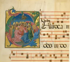 Rukopisná iluminace s Nanebevzetím Panny Marie v iniciále G..., italština, 1450-60.