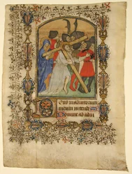 Rukopisný list z knihy hodin... Iluminovaná iniciála D a Kristus nesoucí kříž, 1390-140
