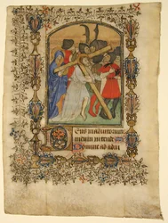 Rukopisný list z knihy hodin... Iluminovaná iniciála D a Kristus nesoucí kříž, 1390-140