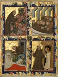 Rukopisný list s výjevy ze života svatého Františka z Assisi, italsky, ca. 1320-42.