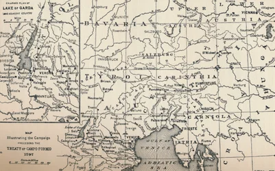 Mapa znázorňující kampaň předcházející smlouvu z Campo-Formio, 1797, 1896