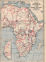Mapa Afriky v roce 1891 ukazující cesty průzkumníků