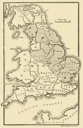 Mapa Anglie znázorňující anglosaská království a dánské oblasti, kolem 9. století, 189