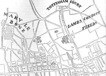 Mapa Rathbone Place a jeho okolí, Westminster, Londýn, 1746 1878
