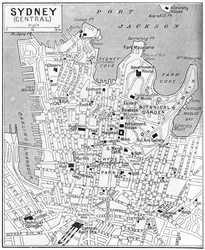 Mapa centrálního Sydney, Nový Jižní Wales, Austrálie, c1924