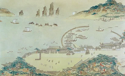 Mapa Choryang Waegwan a jeho okolí v Busanu během Joseon..., 19. stol.