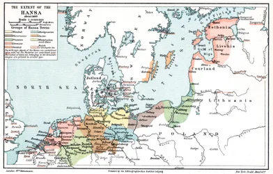 Mapa rozsahu Hanzy kolem roku 1400