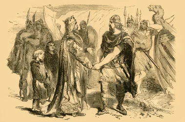 Setkání Edmunda Ironside a Canute, na ostrově Alney, v Severn, c1890.