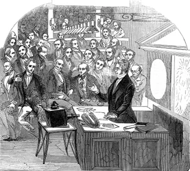 Michael Faraday přednáší o elektřině a magnetismu, Royal Institution, Londýn, 1846