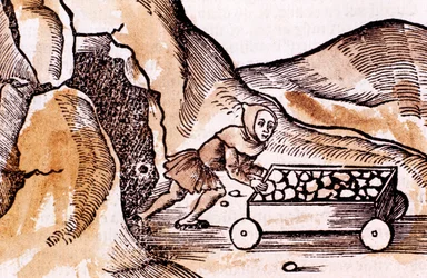 Horník tlačí vozík od vchodu do dolu, 1508