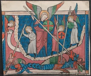 Miniatura z rukopisu Apokalypsy: Válka v nebi, c. 1295.