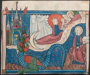 Miniatura z rukopisu Apokalypsy: Žena oděná sluncem, c. 1295.