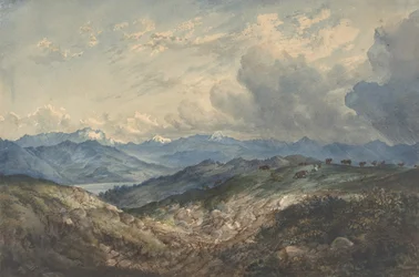 Horská krajina s blížící se bouřkou, 19. století.
